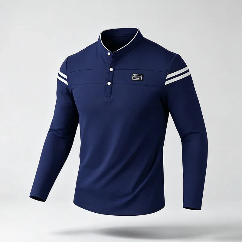 Mens Basic Stand Collar Long Sleeve Polo Top Sleeve Stripes Suitable For Vacation Short Trip And Multiple Leisure Scenes