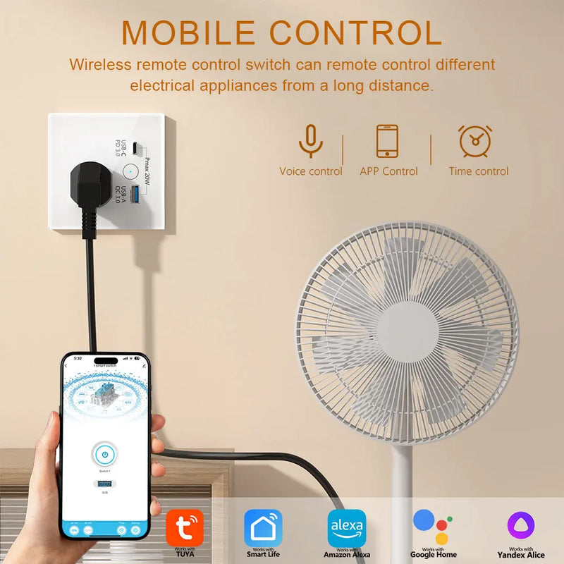 UK WiFi Smart Tuya USB Type-C 20W Fast Charging Socket Glass 13A Outlet Touch Switch Wireless Charge Work with Alexa Google Home
