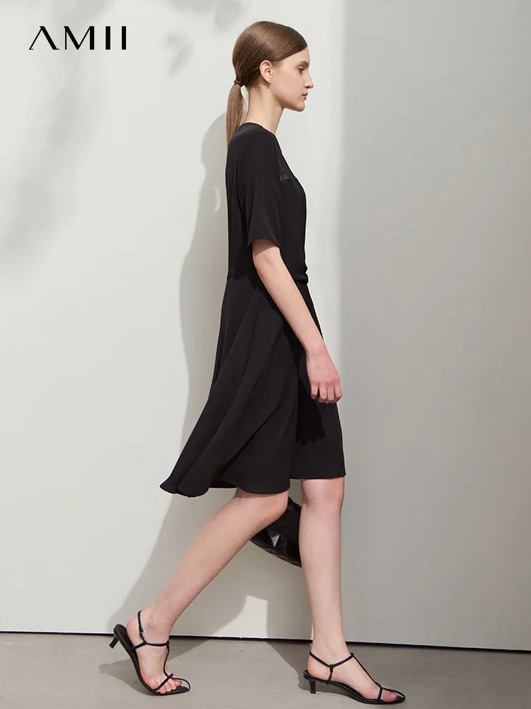 AMII Minimalist Dress Women 2026 Autumn New Basics Office Lady O-Neck Lace Splicing Short Sleeve Knee-length Dresses 12521028
