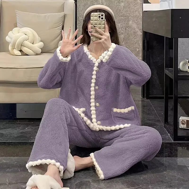 Printed Women's Winter Pajamas Flannel Korean Long Sleeve Thicken Velvet Sleepwear Set Casual Warm Coral Fleece Home Clothes