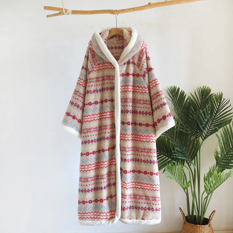 Retro Print Winter Hooded Homewear Thickened Warm Woman Clothing Long Sleeve Robe for Ladies' Bathrobe Sleepwear Dressing Gown