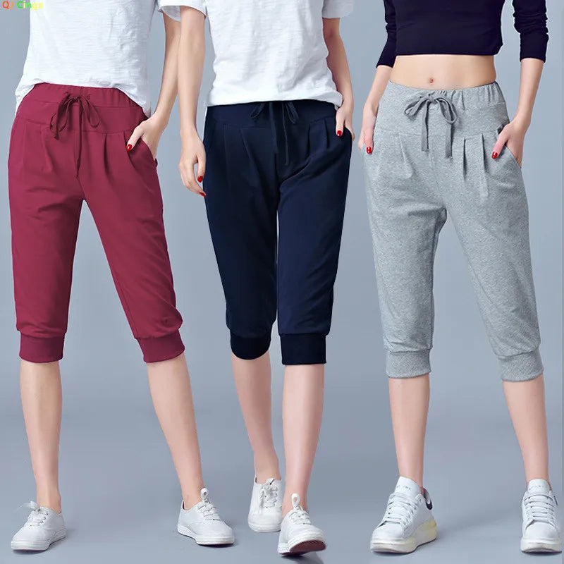 Women Blue High-waisted Stretch Cropped Pants, Summer Gray Lightweight Athletic Harem Pants, Black Drawstring Shorts, Asian Size