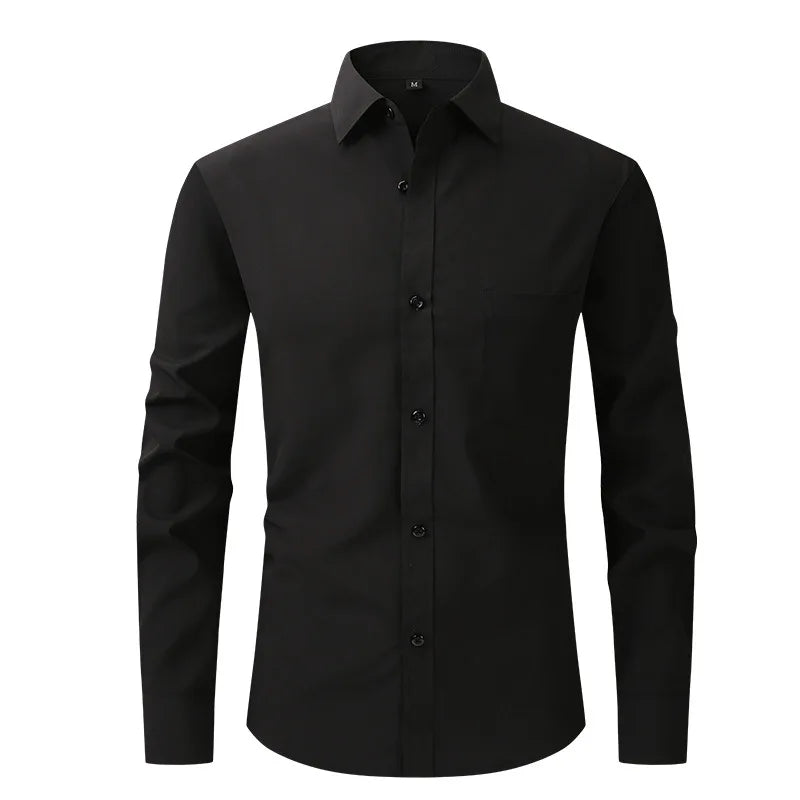 Solid Color Men's Long-sleeved Shirt, Single-breasted Square Collar Small Elastic Shirts, Suitable for Wedding/Business/Office