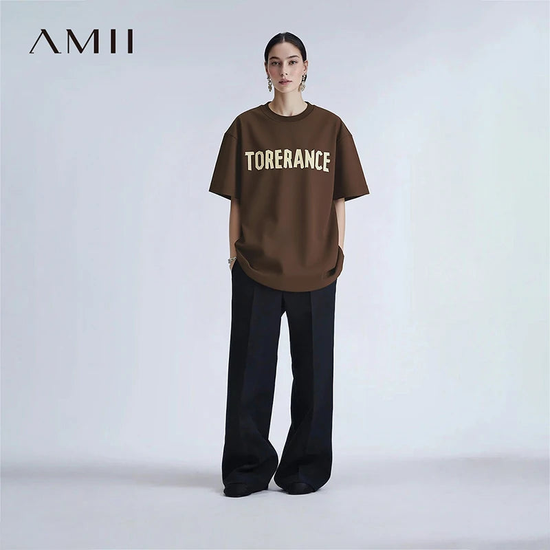 Amii Short Sleeve T-shirt 2026 Summer New Round Neck Letter Printted Cotton T-shirt Women's Loose Casual Tee Tops 12621088