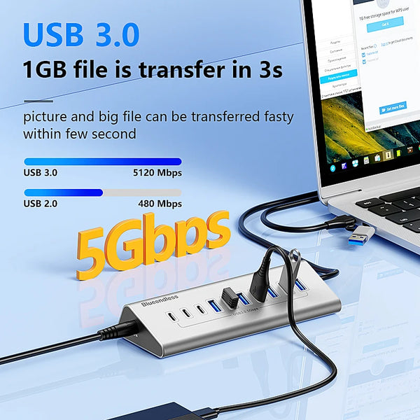 មជ្ឈមណ្ឌល USB3.0 ឥតខ្សែ 7 ច្រក 10 ច្រក USB C Hub 10 ក្នុង 1 អាលុយមីញ៉ូម Splitter Split Switch Adapter អាដាប់ទ័រថាមពល 12V សម្រាប់កុំព្យូទ័រ Macbook