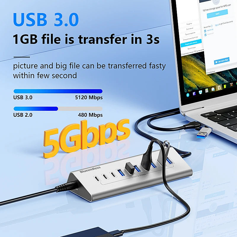 មជ្ឈមណ្ឌល USB3.0 ឥតខ្សែ 7 ច្រក 10 ច្រក USB C Hub 10 ក្នុង 1 អាលុយមីញ៉ូម Splitter Split Switch Adapter អាដាប់ទ័រថាមពល 12V សម្រាប់កុំព្យូទ័រ Macbook