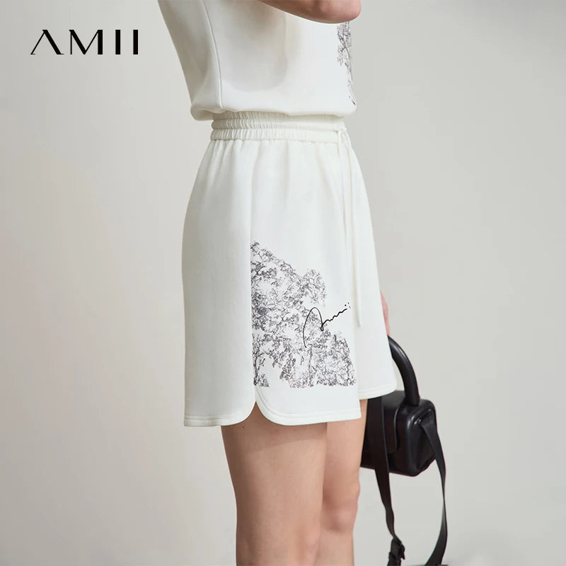 AMII Minimalist Casual Shorts for Women 2026 Summer Print Sports Style Short Pants Female Knitting Straight Pant Woman 12522004