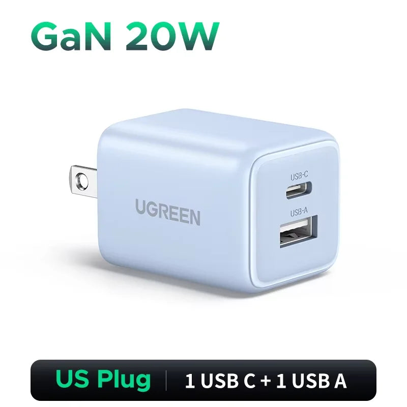 UGREEN 20W GaN Charger Mini USB C Phone Charger PD3.0 QC3.0 For iPhone 17 16 15 Pro Max Samsung S25 Xiaomi Tablet iPad Air Pro