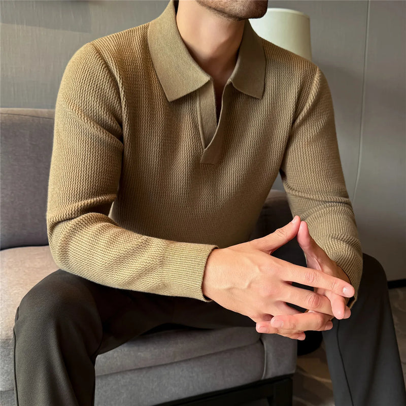 Men's 2025 Autumn Winter Old Money V-Neck Sweater, Seagull Collar Wool Blend, Gray Black Khaki Brown