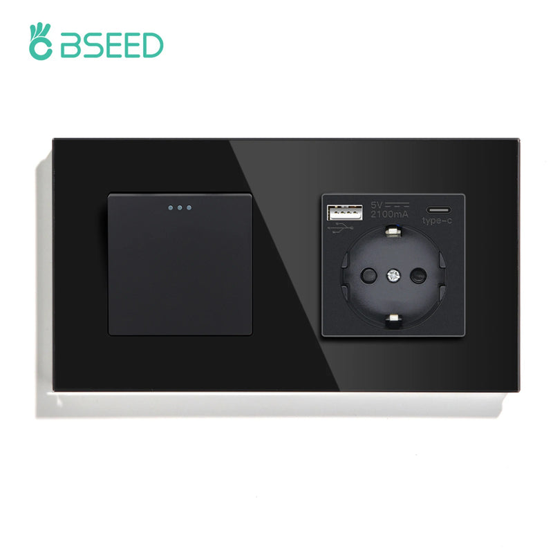 BSEED Mechanical Button Switch 1/2/3Gang 1Way Wall Power Socket USB Type-C Port Glass Frame Wall Switches Home Improvement