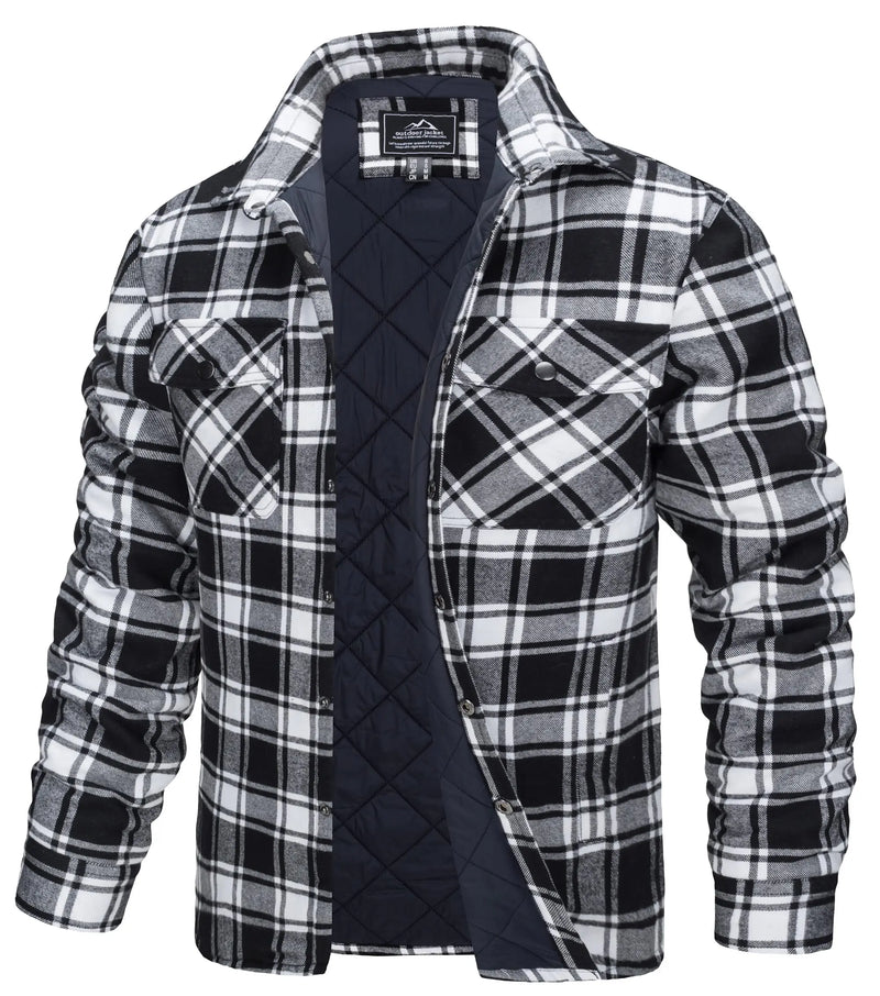 TACVASEN Winter Plaid Cotton Jackets Mens Long Sleeve Quilted Lined Flannel Shirt Jacket Multi-Pockets Outwear Hiking Coats Tops