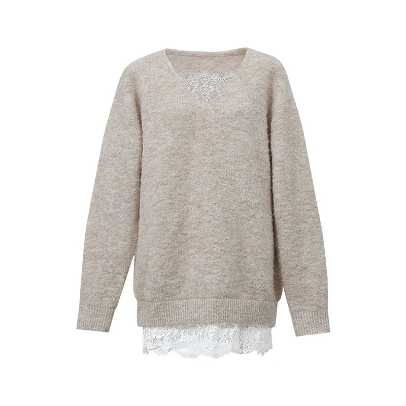 Amii Women's V-Neck Lace Knit Sweater Drop Shoulder Oversized Pullover Minimalist Business Casual Top 2026 Autumn 12623044