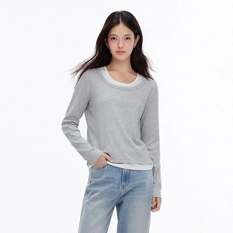 Semir Women Tshirt Slim Long Sleeve Patchwork Faux Two Piece Layering Base Top Autumn Casual Style Daily Wear 2026