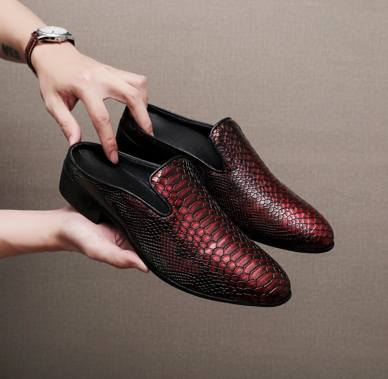 Big Size Mens Backless Mules Pointed Toe Slip on Loafers Men Low Heel Python Pattern Half Slippers Party Dress Shoes