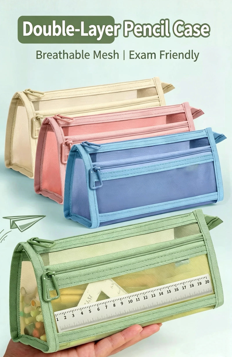 Pencil Bag Transparent Mesh Exam Specific Stationery Bag Pencil Bag Double Layered 3D Large Capacity Stationery Box