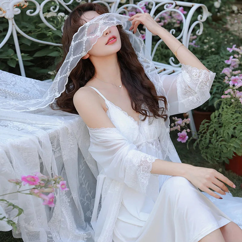 Palace Style Women's Pajamas Spring Summer Modal Dress Set Sexy Suspender Nightgowns Chest Pad Long Sleeve Two Piece Nightdress