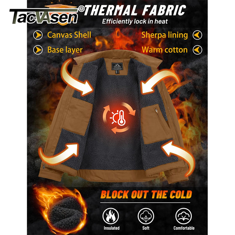 TACVASEN Heavy Duty Canvas Work Jackets Mens Construction Duck Retro Jacket Sherpa Waterproof Warm Winter Coats Cotton Pockets
