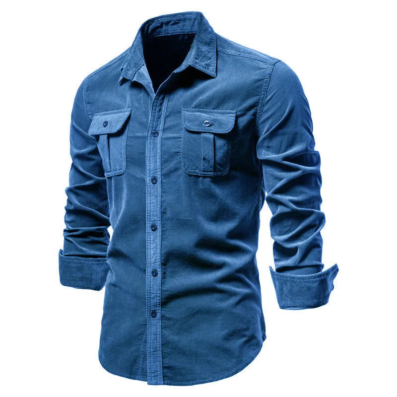 2027 New Men's Long-Sleeve Corduroy Shirt, Single-breasted Lapel, with Two Chest Pockets. Available in Gray, Blue, Green, Brown.