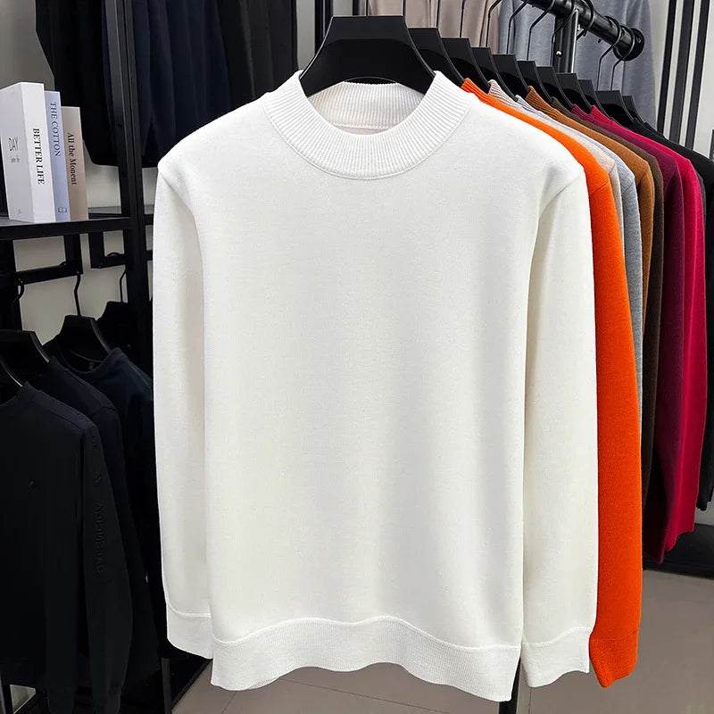 Soft Knitted Half High Neck Sweater Men Full Fleece Lined Thermal Pullover Breathable Long Sleeve Outfit For Fall Winter