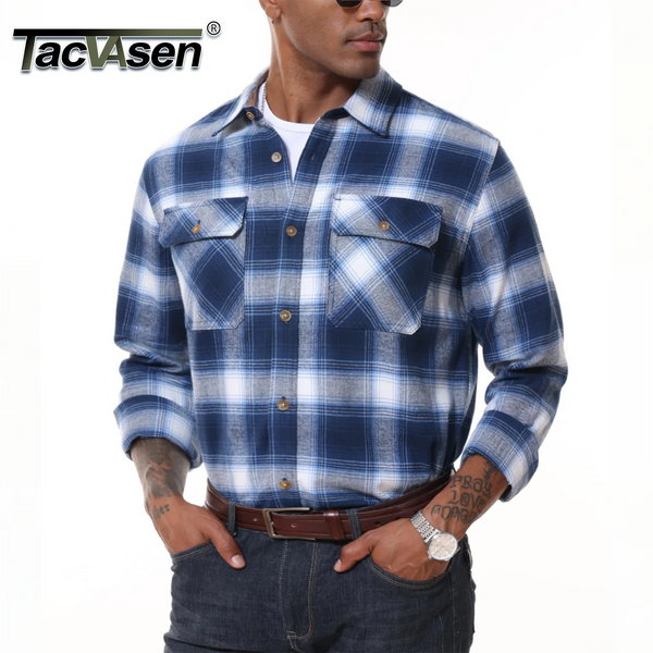 TACVASEN Casual Cotton Plaid Flannel Shirts Mens Button Up Long Sleeve Shirts 2 Chest Pocket Shirt Jacket Lightweight Coat Male