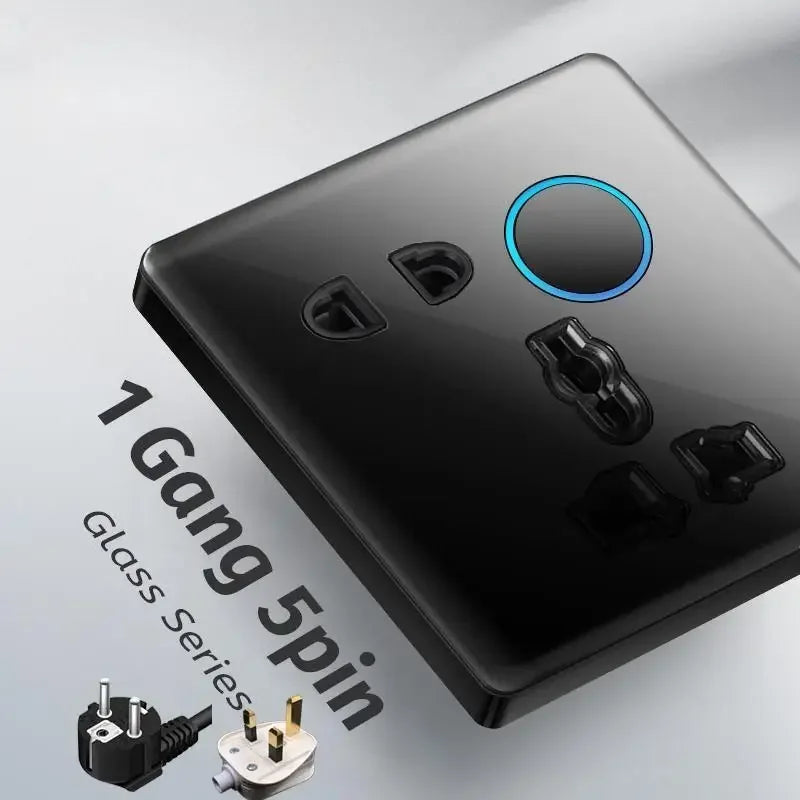 Black Tempered Glass Button Reset Wall Light Switch with LED Aperture,Uk 13A Usb C Fast Charging Wall 220V Electrical Socket
