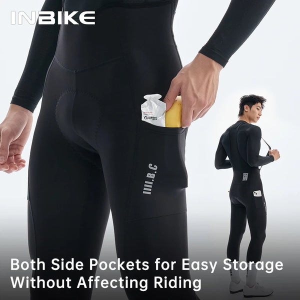 INBIKE Winter Fleece Cycling Suit Men Long Sleeve Jersey Bib Pants Set Road Bike Outdoor Sports Shockproof Padding with Pockets