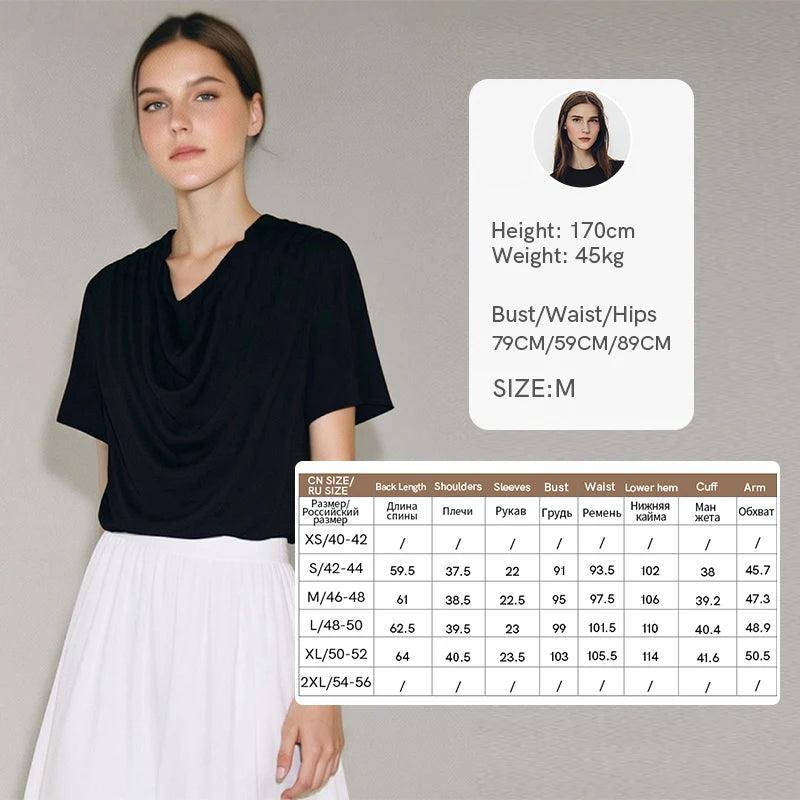 Amii Women's Summer Blouse 2026 New Cowl Neck Patchwork Chiffon Top Straight Fit Short Sleeve Casual Ladies Blouses 12642157