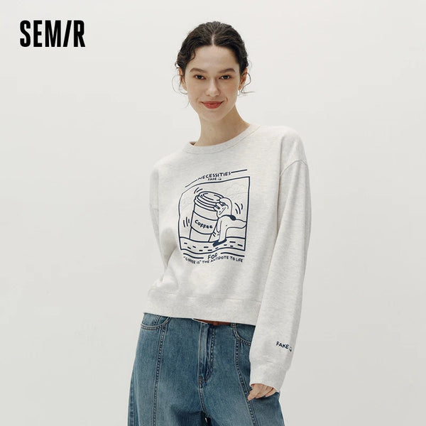 អាវយឺត Semir សម្រាប់នារី ស្មារលាត់ បោះពុម្ពក្រាហ្វិក ស្ទីលធម្មតា ងាយស្រួលស្លៀកប្រចាំថ្ងៃ រដូវស្លឹកឈើជ្រុះ ឆ្នាំ២០២៦