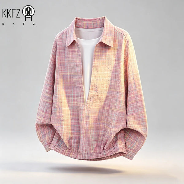Men Wrinkled Check Lapel Shirt Long Sleeve Relaxed Fit Textured Material Breathable Daily Casual Outerwear