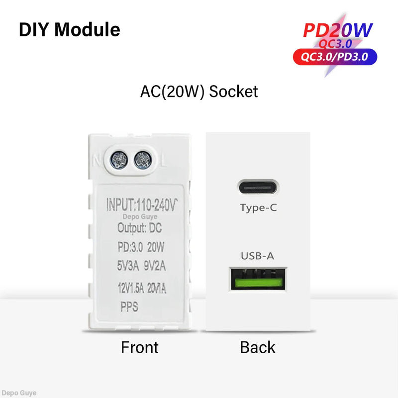 EU Wall Socket Plastic Panel White USB Type C 10W/20W Charge Port TV Rj45 Satellite HDML Interface Function DIY Combination