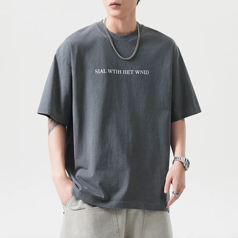 DUKEEN Men's 260g Heavyweight Cotton T Shirt Vintage Print Short Sleeve Summer Streetwear Washed Crew Neck Casual Tee Top