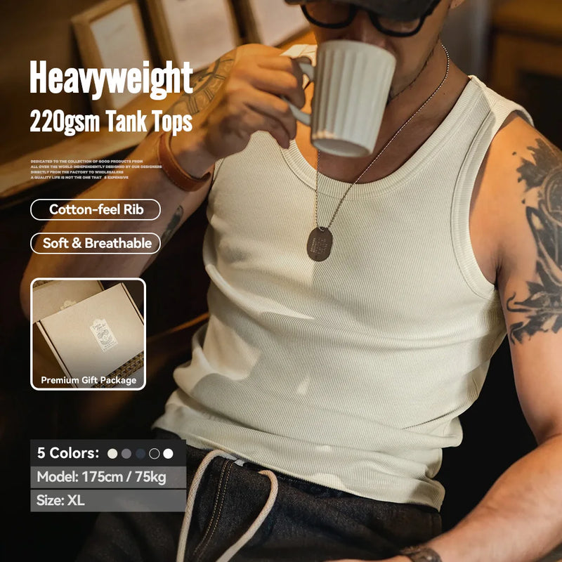 Maden Casual Men's Sleeveless Tank Tops Heavyweight Solid Color Ribbed Vest for Summer Slim Fit Sports Fitness Training T-shirt