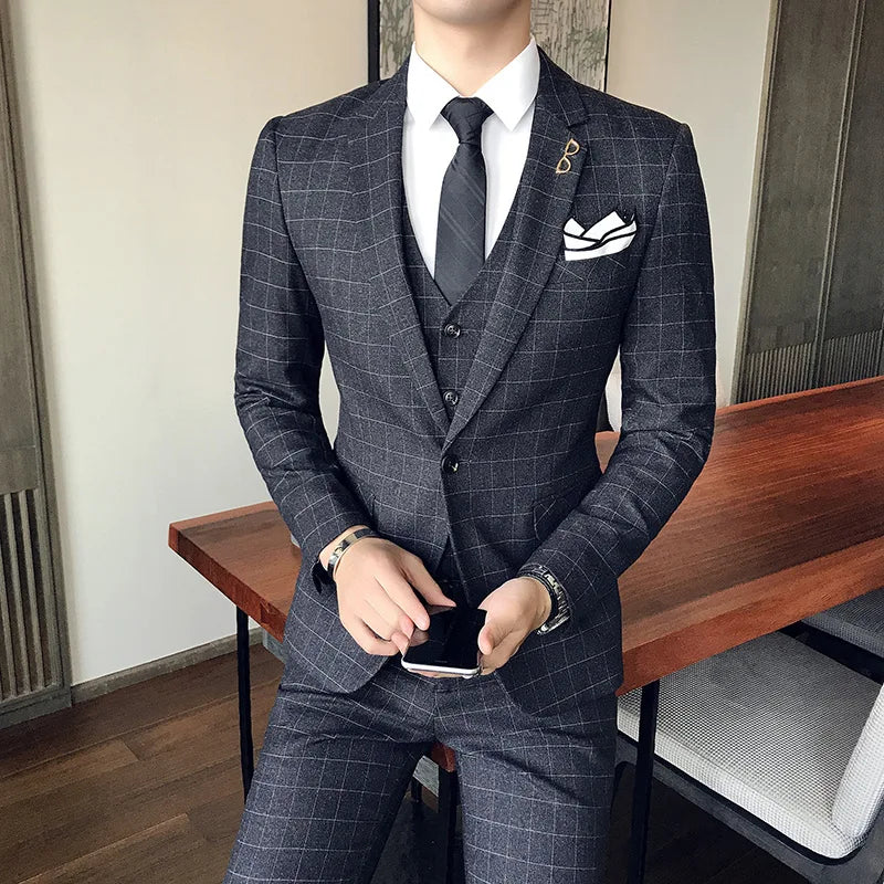 2026 Men Black Classic Striped/Checked Suits, Men's Business Office 3-Piece, Asian Size Slim Fit Sets, Blue/Gray Available
