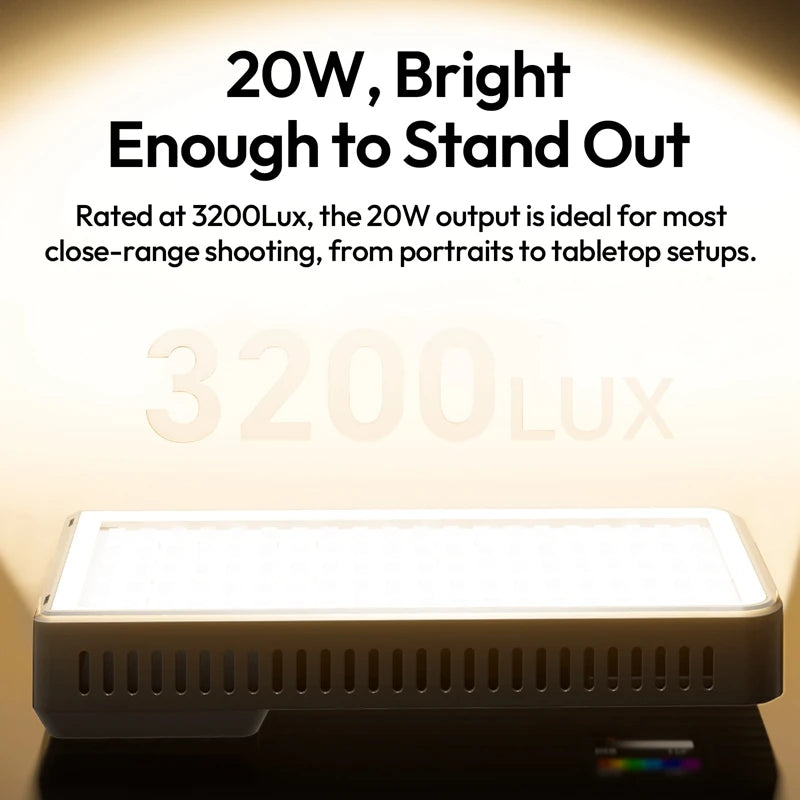 ភ្លើងវីដេអូ Ulanzi K20 RGB 20W សម្រាប់ថតរូប ភ្លើង LED CCT 1800-9000K 3200Lux 3300mAh ភ្លើងបន្ទះ ភ្លើងពេញសម្រាប់ Vlog ម៉ោនជើងកាមេរ៉ា