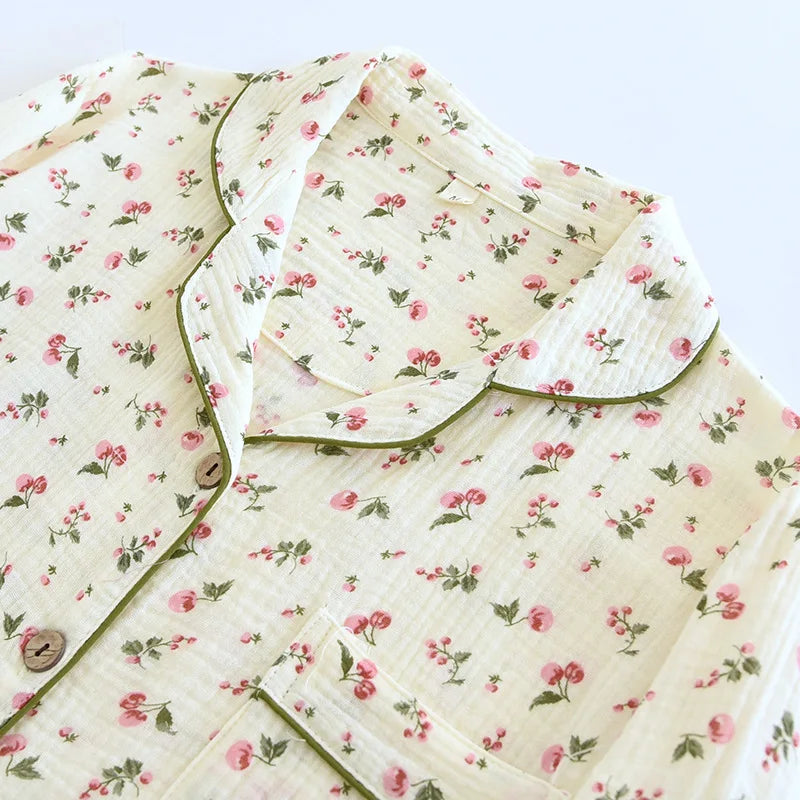 2026 Spring and Autumn Women's Pajama Set 100% Cotton Crepe Long sleeved Pants Two piece Cute and Sweet Ladies Home Fury Set