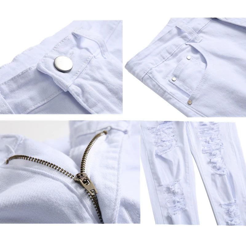 Men's White Straight Hole Destruction Jeans, Asian Size Distressed Red Denim Trousers,  Fashion Designer Brand Black Pants.
