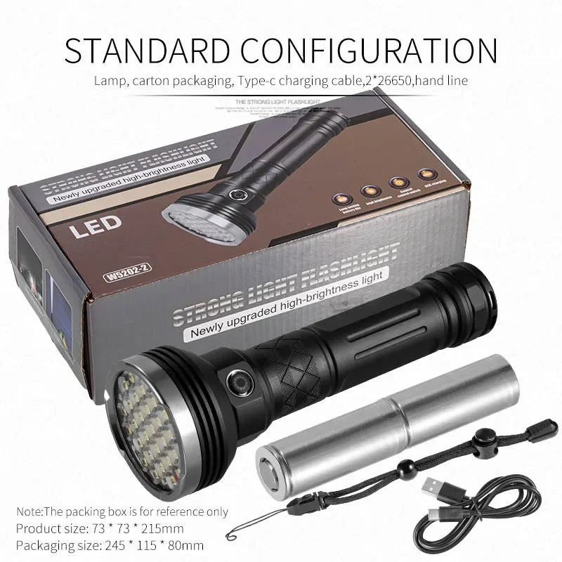 ពិល LED ថាមពលខ្ពស់ ពិលភ្លឺខ្លាំង ពិលចម្ងាយឆ្ងាយ អាចសាកបានដោយ USB ចង្កៀងដៃយុទ្ធសាស្ត្រដ៏មានអានុភាព ចង្កៀងបោះតង់
