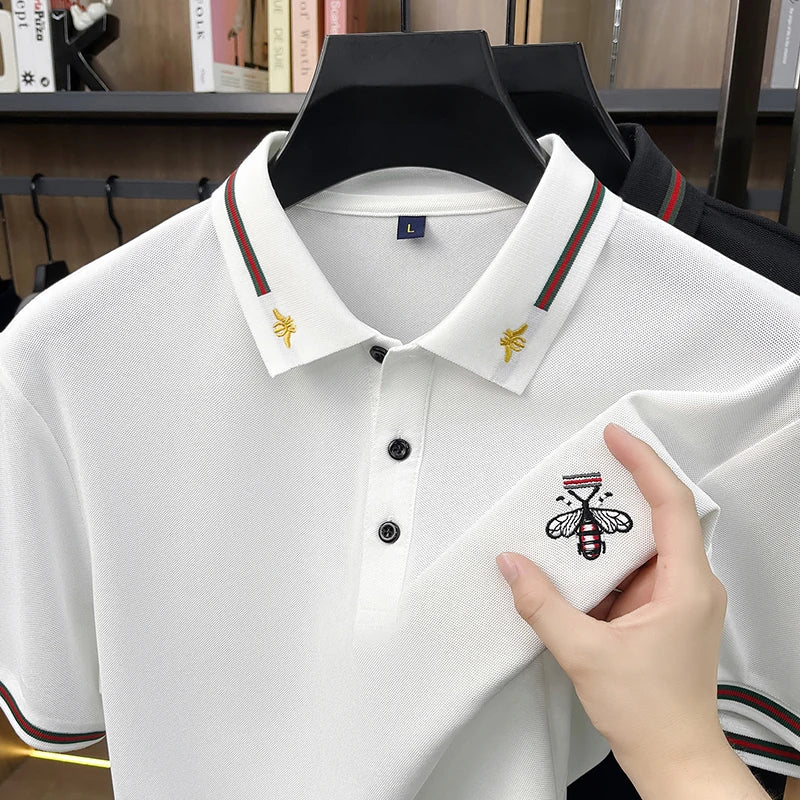 Original Man Short-Sleeved Polo Shirt Lapel Button Bee Embroidery Summer New British Style T-Shirt Business Casual Men'sClothing