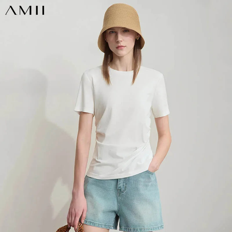 អាវយឺត Amii Minimalist សម្រាប់នារី ក O ផ្នត់ ចង្កេះតូច អាវយឺតប៉ាក់កប្បាស ប្រឆាំងបាក់តេរី 12522045