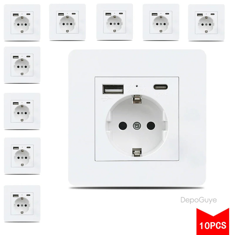 EU FR Power Socket ,Socket With Usb Charging Port and Type c White Stainless Steel Panel Russia Spain Wall Socket 5/10 PCS