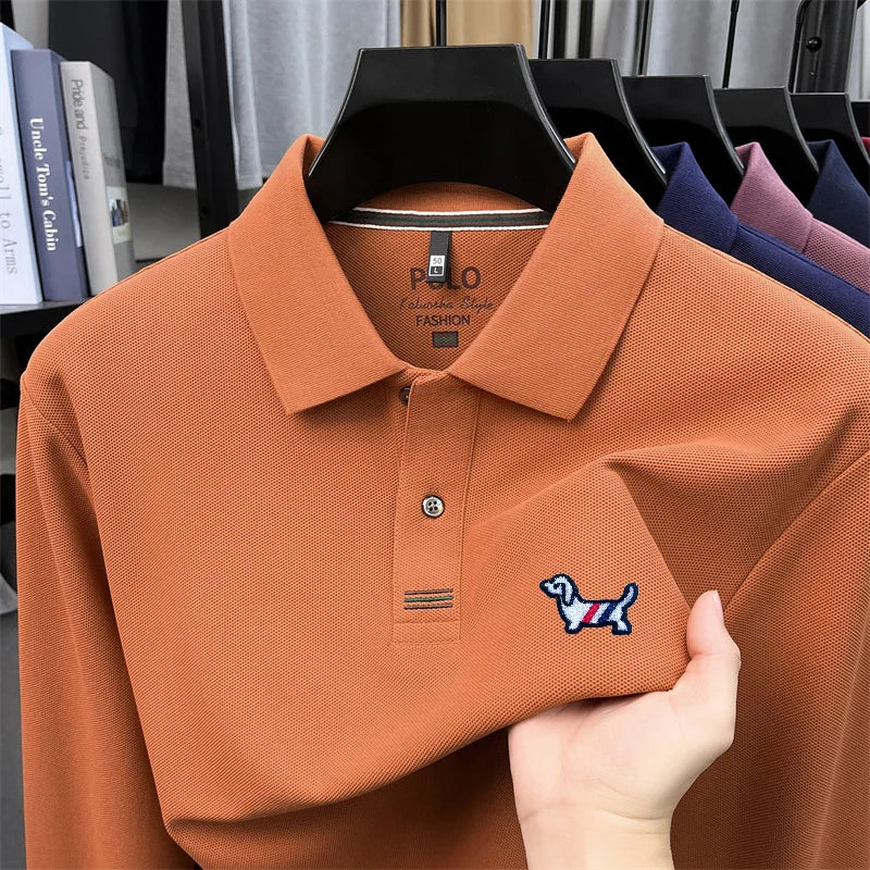 100% Cotton Men Long-Sleeve Polo Shirt Lapel Button Dog Embroidery Breathable Comfortable Autumn Winter Business Casual Menswear