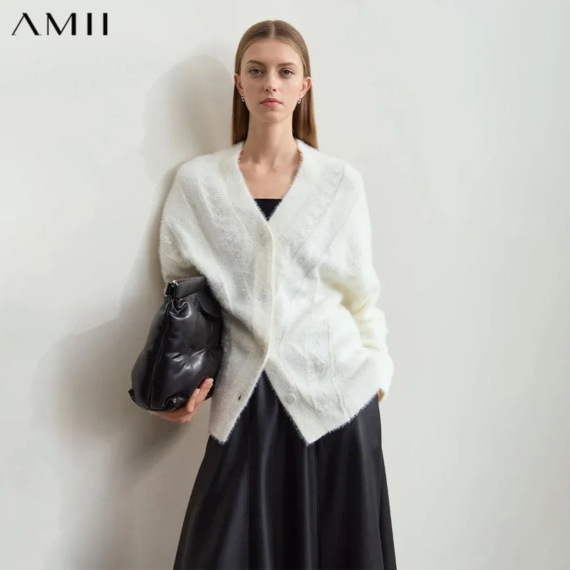 Amii Minimalist V-Neck Solid Button Wool Cardigan Long Sleeve 2026 Winter New Women's Imitation Mink Loose Casual Top 12424116