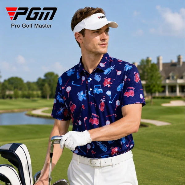 PGM Golf Men's Summer Short sleeved T-shirt Printed Polo Shirt Mesh Breathable Quick drying High elasticity Sports Top YF911