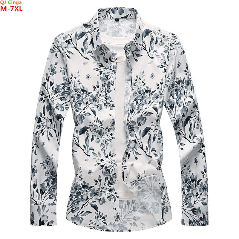 Asian Size Small Stretch Men' Long Sleeve Printed Shirts, Fashion Casual Flower Shirt, Single Breasted Square Collar Tops Camisa
