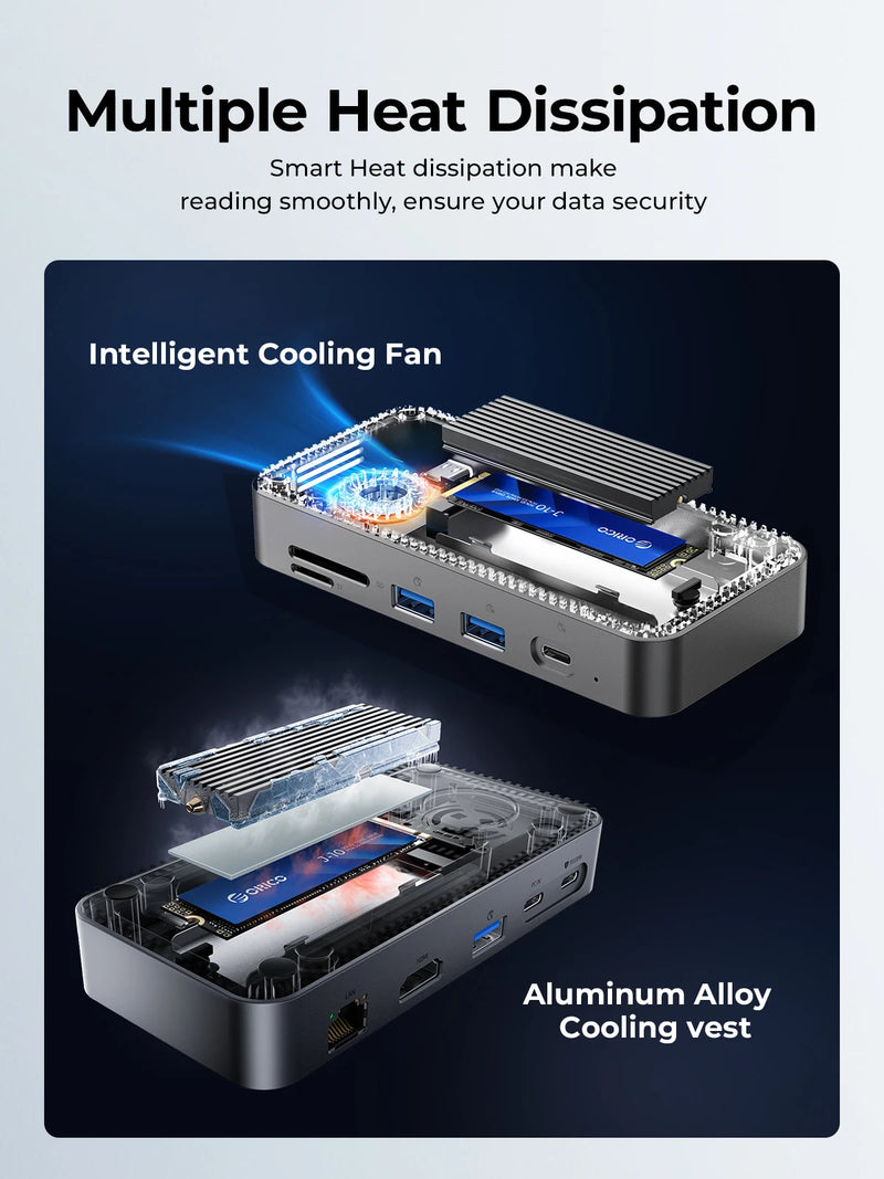 ORICO M.2 NVMe SATA SSD Enclosure External 10Gbps 4K 60Hz HDMI-Com RJ45 SD/TF Docking Station USB C HUB with Cooling Fan