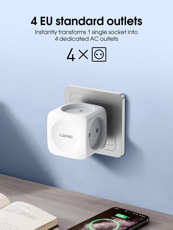 រន្ធដោតភ្លើង LDNIO 4-in-1 EU Power Strip Cube ជាមួយរន្ធ AC ចំនួន 4 អាដាប់ទ័ររន្ធដោតច្រើន 16A 3680W សម្រាប់ការិយាល័យនៅផ្ទះ