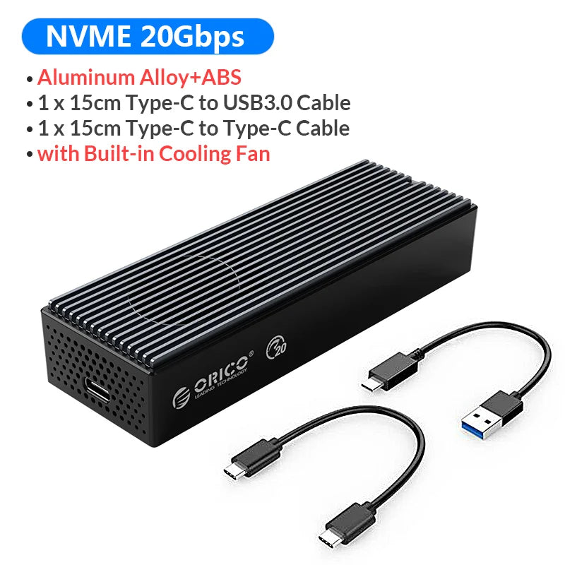 ORICO 20Gbps M.2 NVME SSD Case with Built-in Cooling Fan Type-C M2 NVME SSD Enclosure For M.2 NVME 2230 2242 2260 2280 SSD