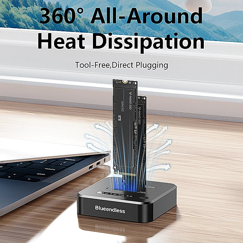 ស្ថានីយ៍ចត SSD M.2 NVMe ក្រៅបណ្តាញ Blueendless ក្លូនពីរច្រក 2Bay M2 NVMe Cloner ប្រភេទ C 10Gbps សម្រាប់ PCIe NVMe SSD Enclosure