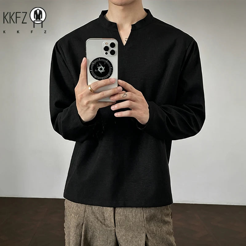 Mens Long Sleeve V Neck Mandarin Collar Shirt Linen Weave Fabric Loose Silhouette For Daily Occasions