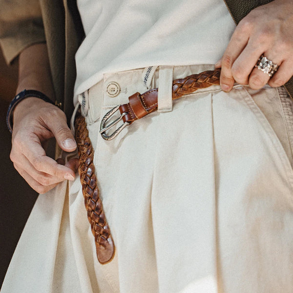 ខ្សែក្រវាត់ Maden Vintage Belt Woven Vegetable Tanned Cowhide Leather Belt Accessories with two layer cowhide for Men's Versatile Brown Belt